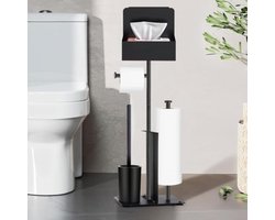 PromoHome Toiletpapierhouder met WC-borstel en vochtige doekjesbox – staand model van zwart roestvrij staal, geschikt voor badkamer en keuken.