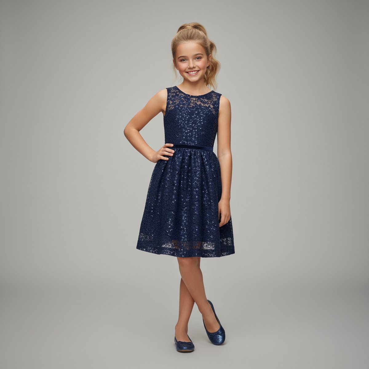 La V Elegante kant jurk met mouwloze Donkerblauw 140