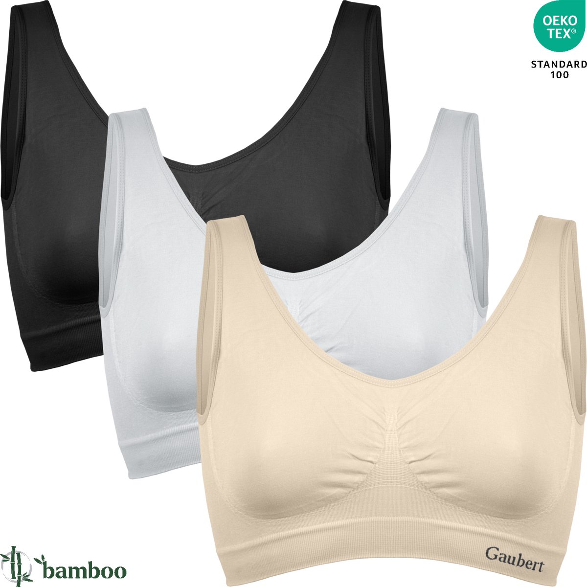 3-Pack Naadloze Bamboe Comfort BH Top - Beha Zonder Beugel - Uitneembare Pads Vulling - Bamboe Ondergoed - Zwart Wit Beige - Maat S/M - GBTW-3107-Mix-1