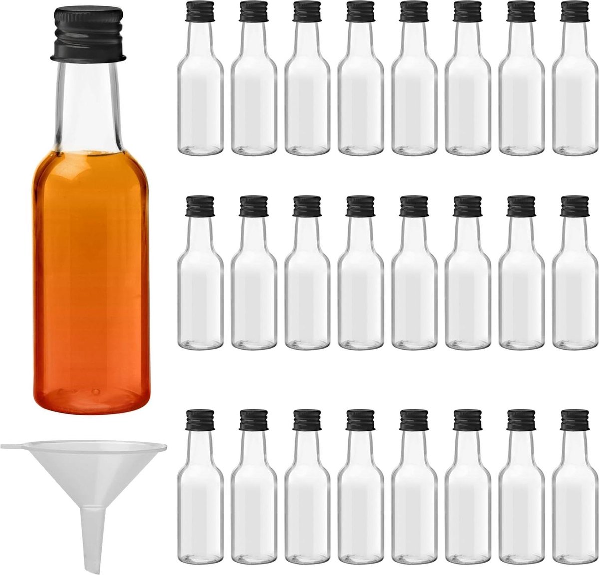 Image of 24 Pack Herbruikbare Plastic Likeur Flessen 150ml met Schroefdop en Trechter - Ideaal voor Huwelijk & Feestjes