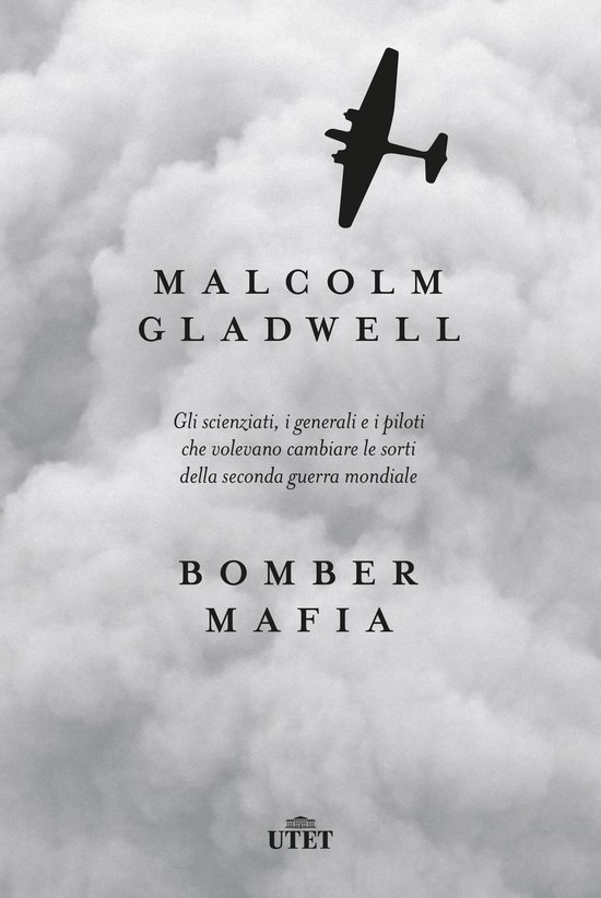 Boekomslag Bomber Mafia door Malcolm Gladwell met silhouet van een vliegtuig tegen een bewolkte lucht.