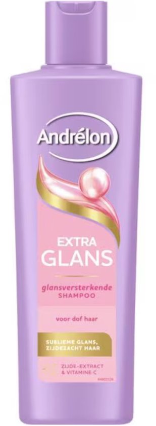Paarse fles Andrélon Extra Glans shampoo voor dof haar, met zijde-extract en vitamine C.