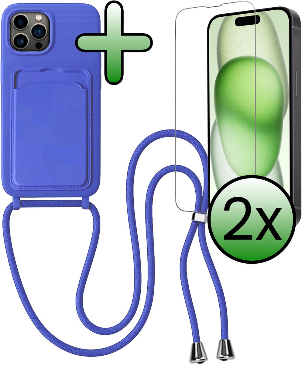 Hoes Geschikt voor iPhone 15 Pro Max Hoesje Pas Houder Case Hoes Met Koord Met 2x Screenprotector - Hoesje Geschikt voor iPhone 15 Pro Max Hoes Met Telefoonkoord Pasjeshouder Cover - Felblauw