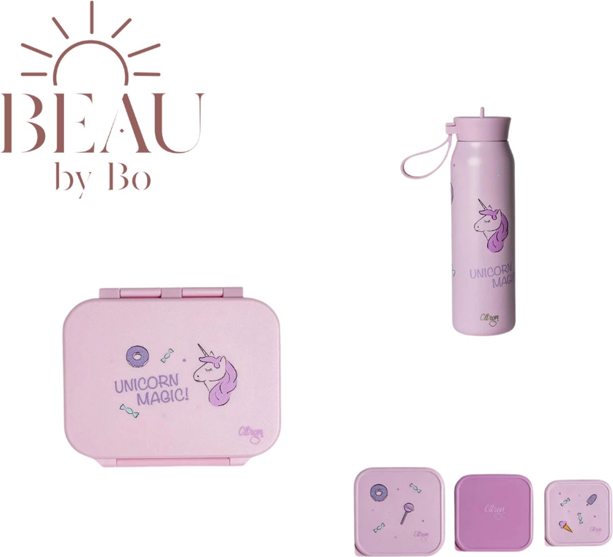 BEAU by Bo Citron Back to school set - Kleine Lunchbox/Drinkfles 350ml/3 Snackdozen - Stormy Unicorn