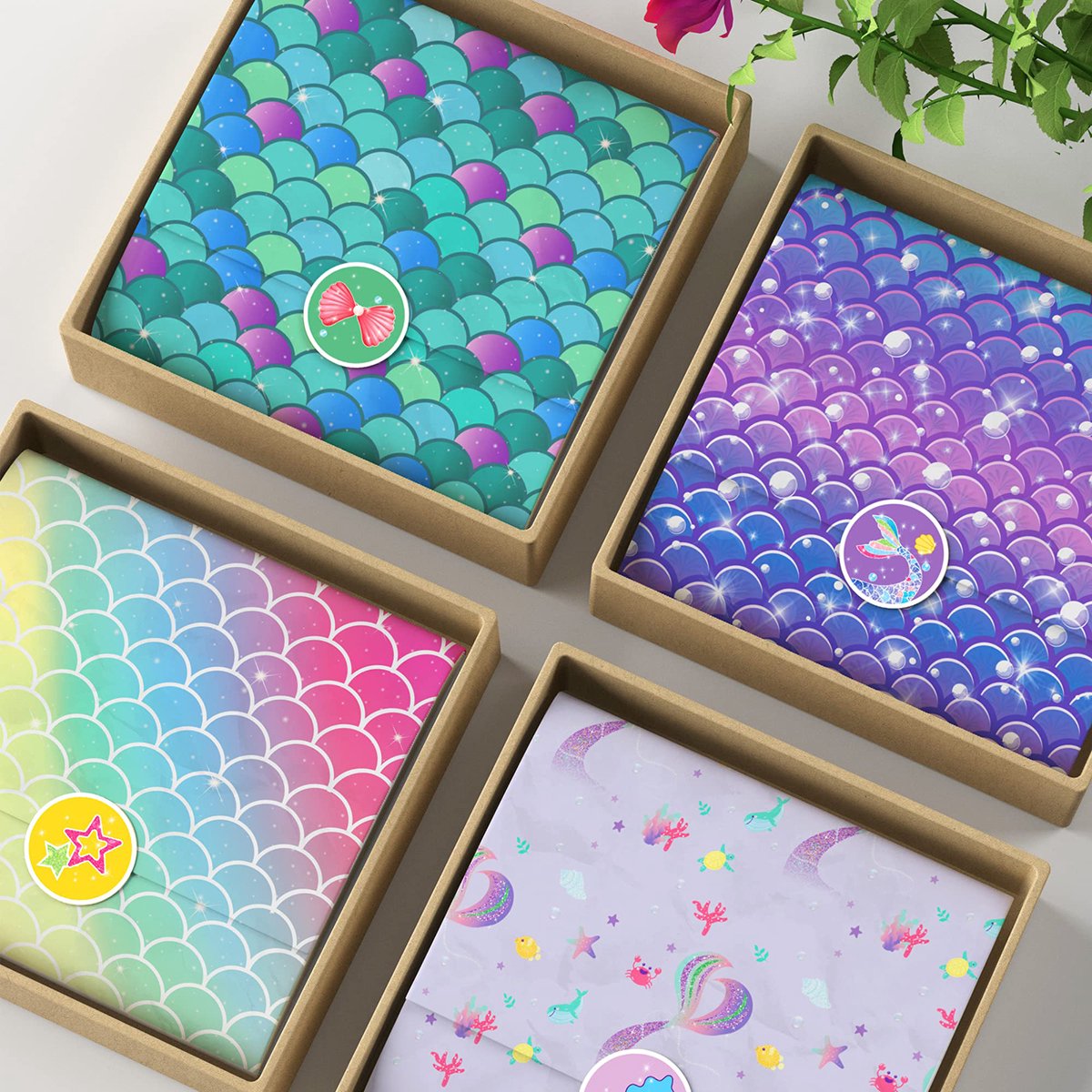 Zeemeermin inpakpapier, prinses van de zee, geschenkpapier, 4 vellen met smaragdgroen lint en cadeaulabel en wenskaart, voor meisjes, kinderen, babyvrouwen, voor mooie verjaardagsfeestjes, babyshower