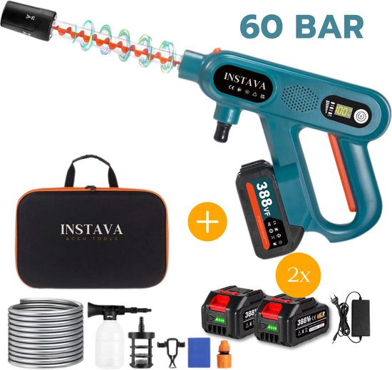 Draadloze hogedrukreiniger 60 bar 300W Instava met 2x 4.0Ah accu, Makita 18V compatibel, 10m bereik