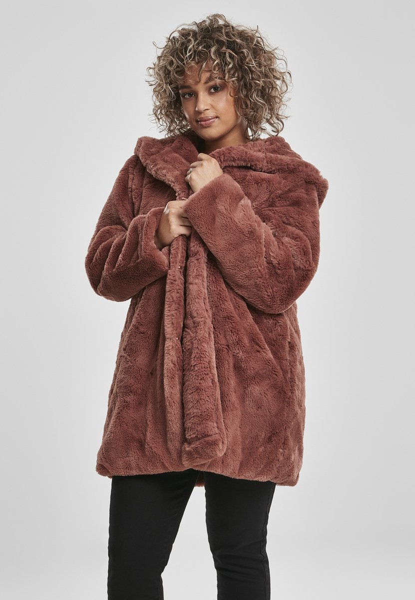 Ladies Hooded Teddy Coat L Urban Classics Zwart