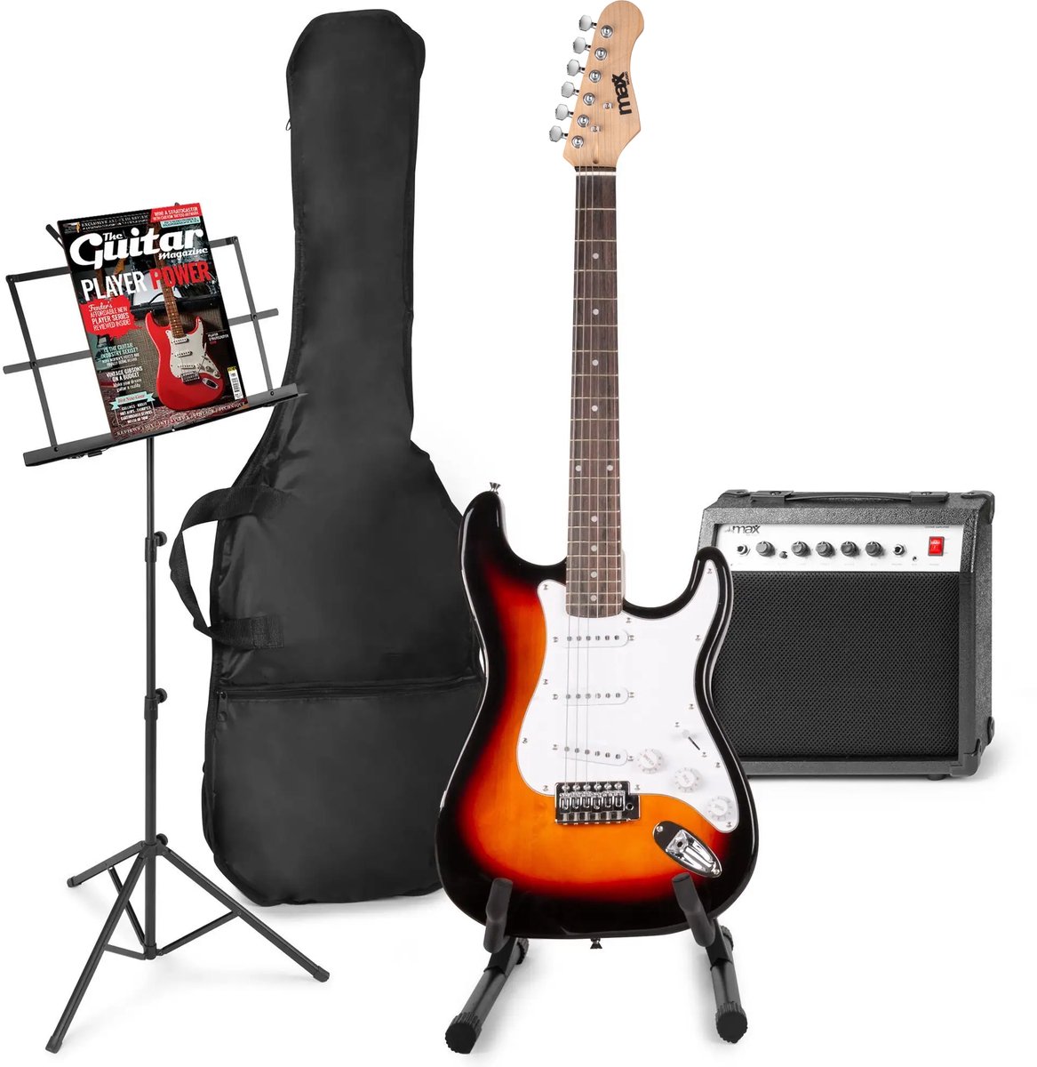 Elektrische gitaar met gitaar versterker - MAX Gigkit - Perfect voor beginners - incl. gitaar standaard muziekstandaard gitaar stemapparaat gitaartas en plectrum - Sunburst