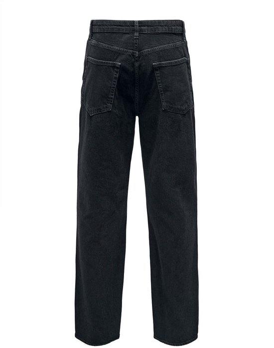 Achterkant van een zwarte jeans met rechte pijpen, met twee achterzakken.