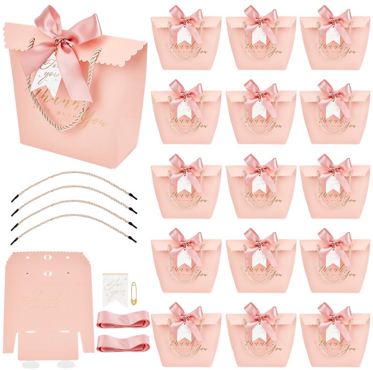Bruiloftsgunstdozen - 20 Sets - Roze met Bedankt Print - 14,5 x 6,8 x 16 cm