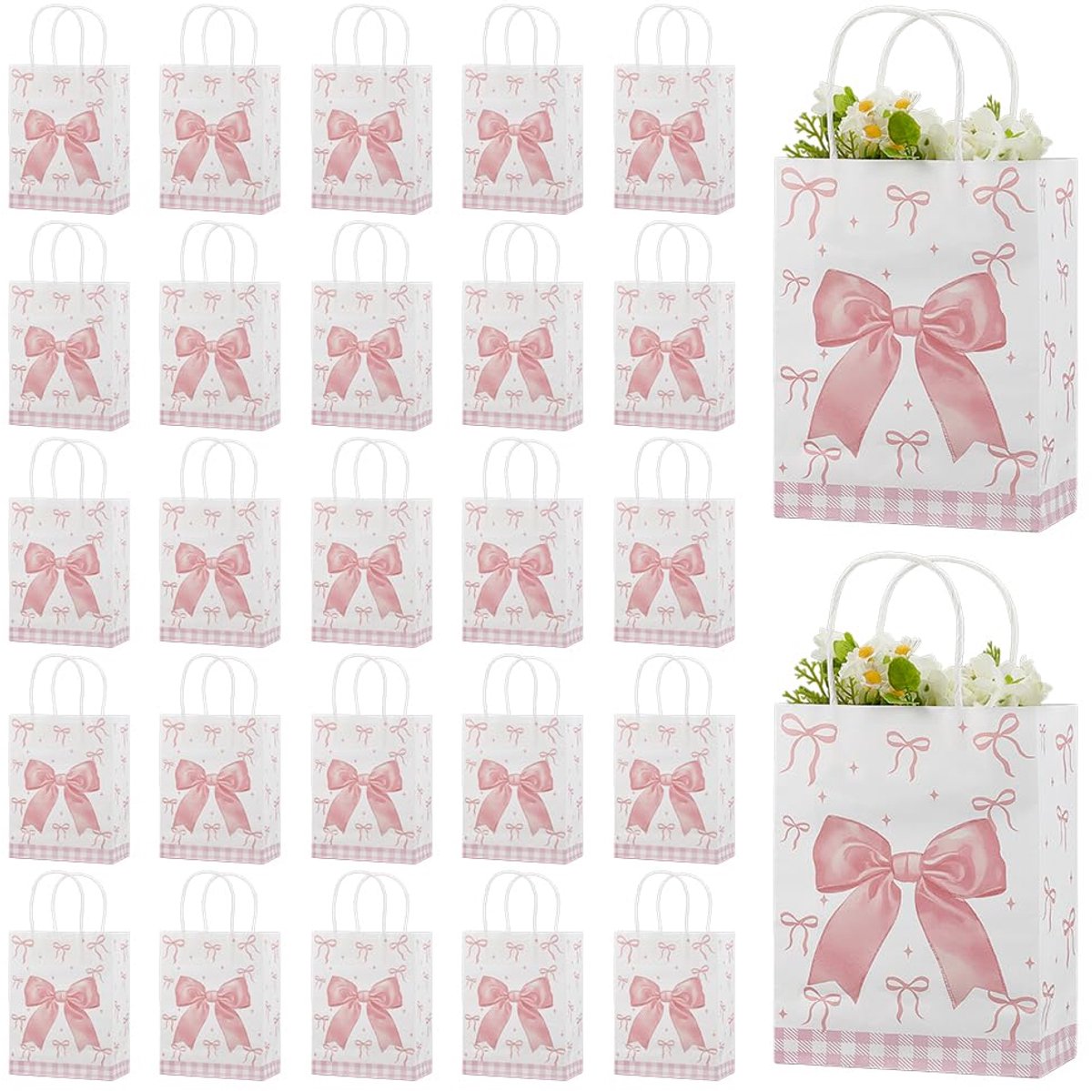 Witte Geschenkzakjes 30 Stuks - Met Handvatten en Roze Strikpapier