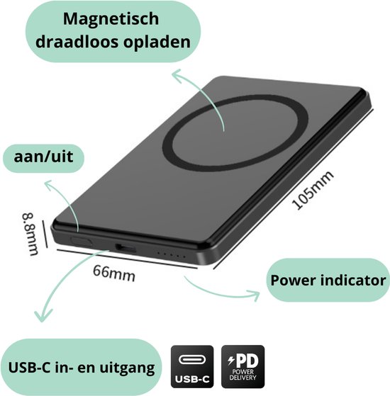 Magnetische powerbank 5000mAh draadloos opladen