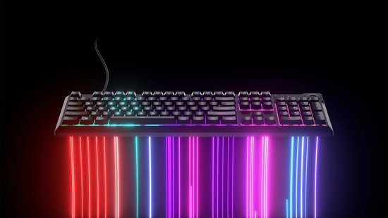 Zwart gaming toetsenbord met RGB-verlichting en verlichte toetsen.