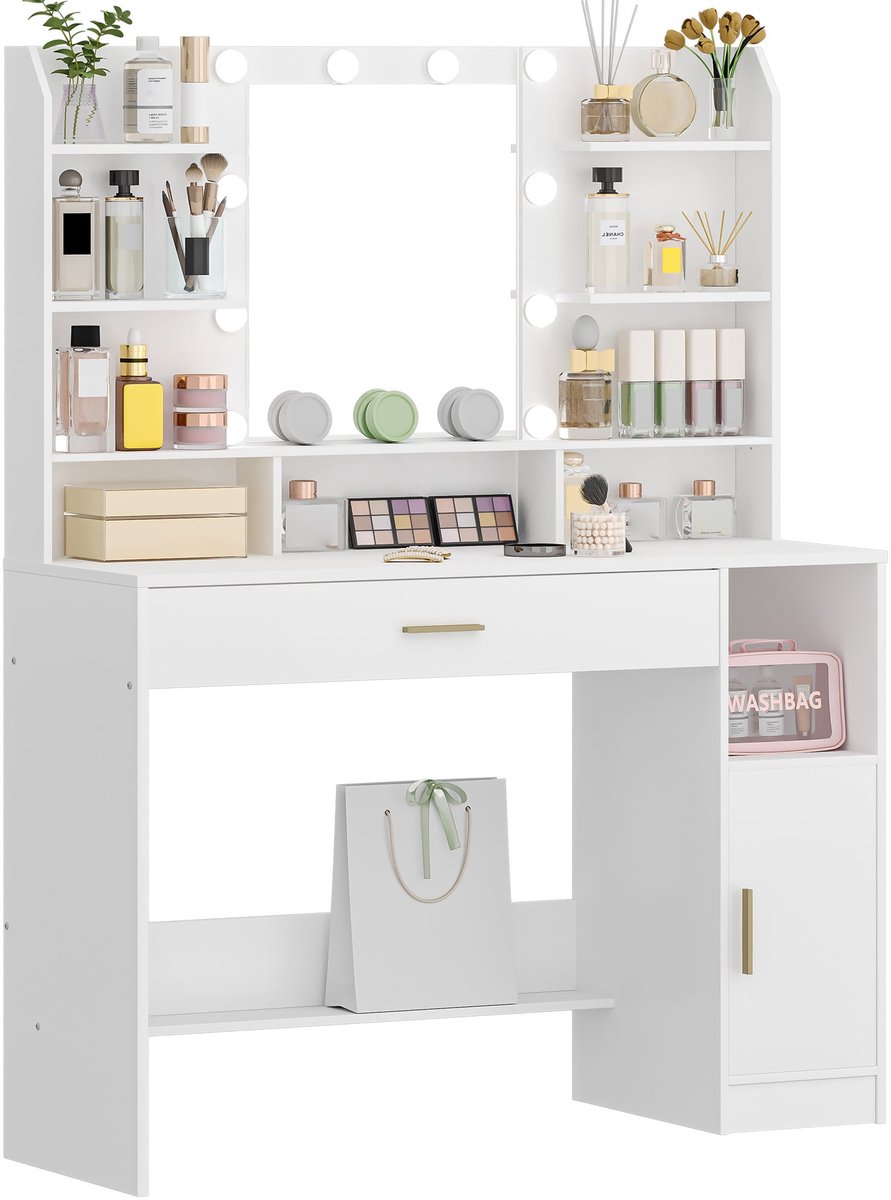 Make-up Tafel – Kaptafel – Dressoir – Sieradendoos – Make-up Kast – Witte Make-up Tafel – Ingebouwde LED-verlichting – Ruime Opberglades en Open Vakken