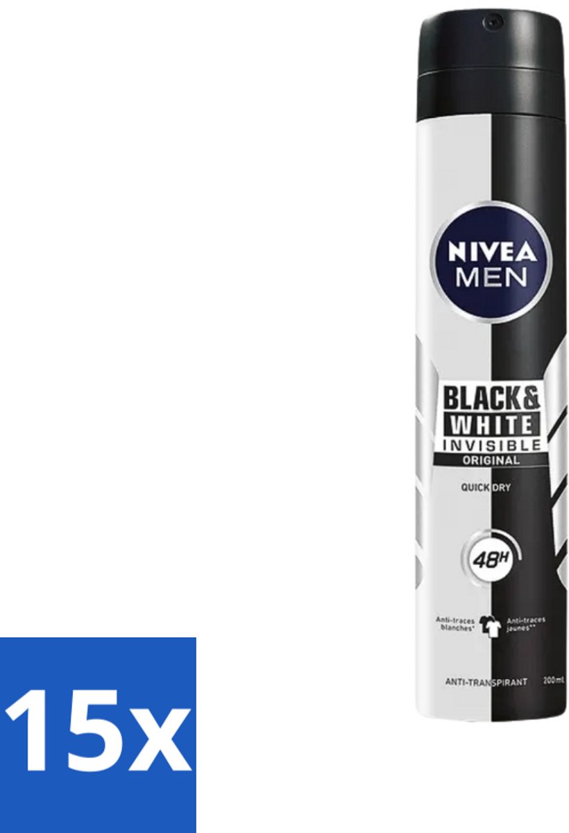 15 x Nivea - Men - Deodorant - Spray - Black & White Invisible Original - 150 ml - Deodorant Spray - Anti-transpirant - 48 Uur Bescherming - Anti-vlek - Zwart En Wit