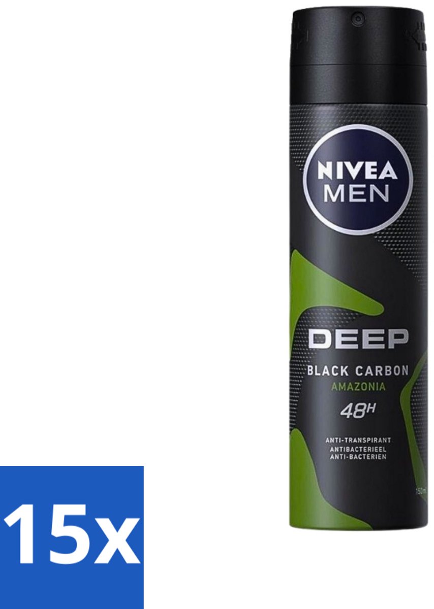 15 x Nivea - Men - Deodorant - Spray - Deep Black Carbon Amazonia - 150 ml - NIVEA MEN Deodorant Spray - Anti-transpirant - 48 Uur Bescherming - Black Carbon - Amazonia Geur