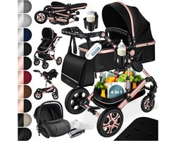 KESSER® Kinderwagen 3 in 1 Loops Wandelwagen Set incl. Autostoel & Reiswieg & Buggy Sportzitje - Massieve Rubberbanden - Luiertas / Regenhoes - Zwart / Roségoud