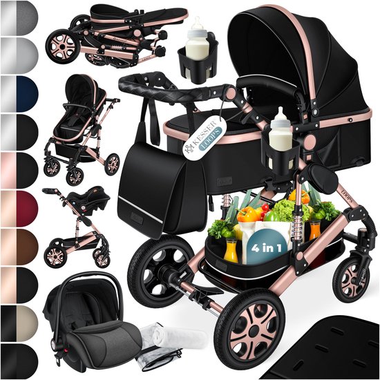 Zwarte kinderwagen 4-in-1 met roségouden frame, inclusief autostoel, reiswieg, buggy en accessoires.