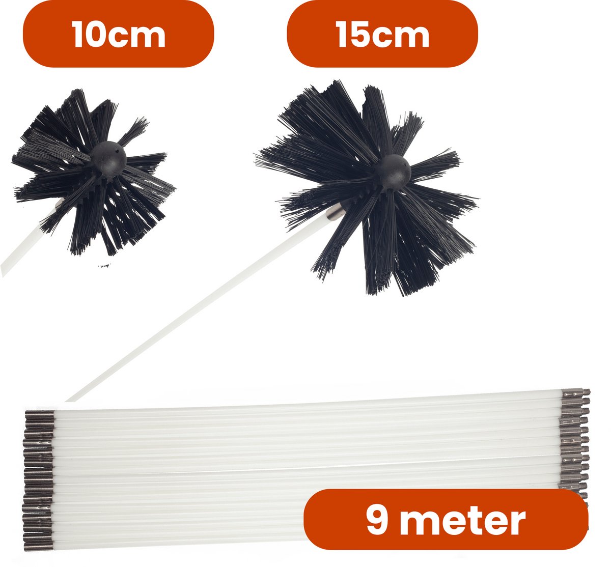 Kibani schoorsteenborstel 9 meter - 10 cm & 15 cm - 2 borstels - schoorsteenreiniger - schoorsteenveger - schoorsteenveegset - schoorsteen borstel - veegkit - borstelset voor boormachine - boormachine