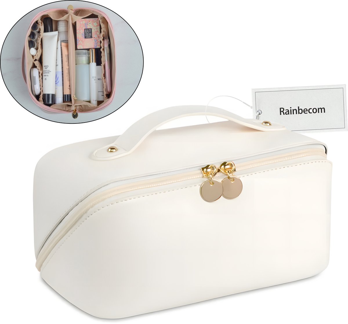 Rainbecom - Make-uptas Toilettassen - Cosmetica Tas Grote capaciteit - Travel Organizer waterafstotend PU + polyester - Beautycases multifunctioneel ontwerp met slimme indeling - Wit