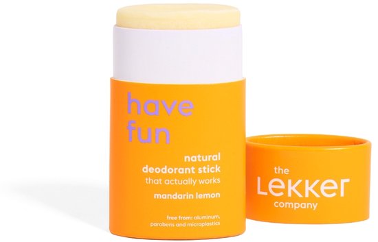 Open oranje container met mandarijn & citroen deodorant stick, witte dop, "have fun" opdruk.