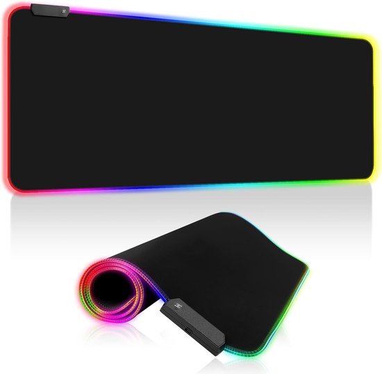 Ynkkvre - Gaming Muis Mat - RGB - 800 x 300 mm - XXL Gaming Muis Mat - Groot - 14 Verlichtingsmodi - 7 LED Kleuren - Waterdicht - Anti-Slip voor Toetsenbord, Computer, PC, Gamer Bureau - Zwart