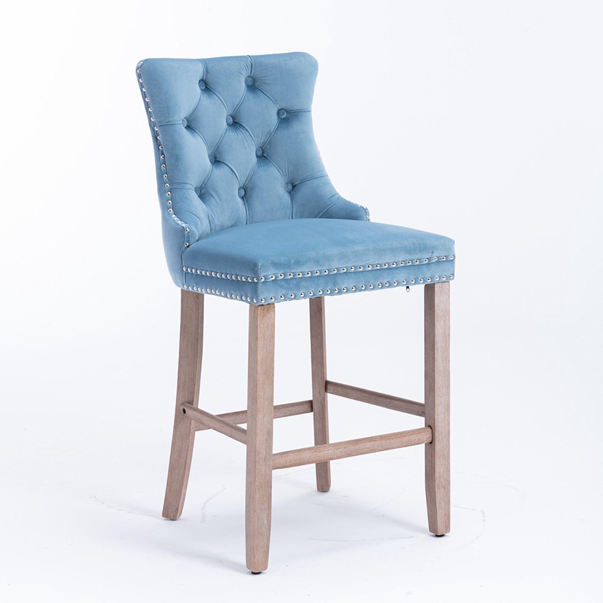 Pugsdrly Eigentijdse barstoelen bekleed met fluweel met capitons en houten poten, verchroomde spijkerversiering, barstoelen in casual stijl, barstoelen, set van 2 (lichtblauw), DE2002LB