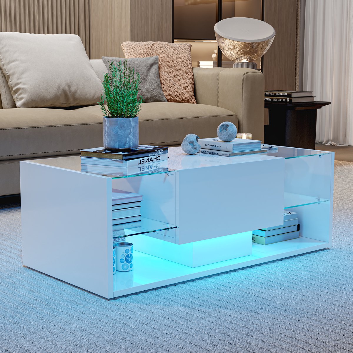 LED Salontafel Wit – Hoogglans Zwevend Design met Glazen Bovenblad en Opbergruimte – Scandinavische Stijl