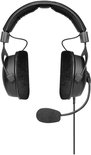 Zwarte gaming headset met fluwelen oorkappen en flexibele microfoon, op witte achtergrond.