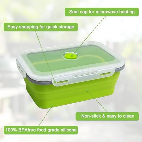 Set van 3 opvouwbare siliconen voedselbewaarcontainers - 1200 ml, vaatwasmachinebestendig voor bento box en meal prep — afbeelding 5