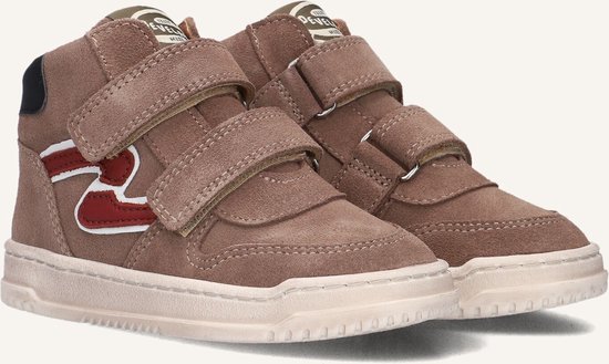 Bruine suède hoge sneakers met klittenbandsluiting, rode en witte strepen en 'DVL SPORT' logo op de hiel.