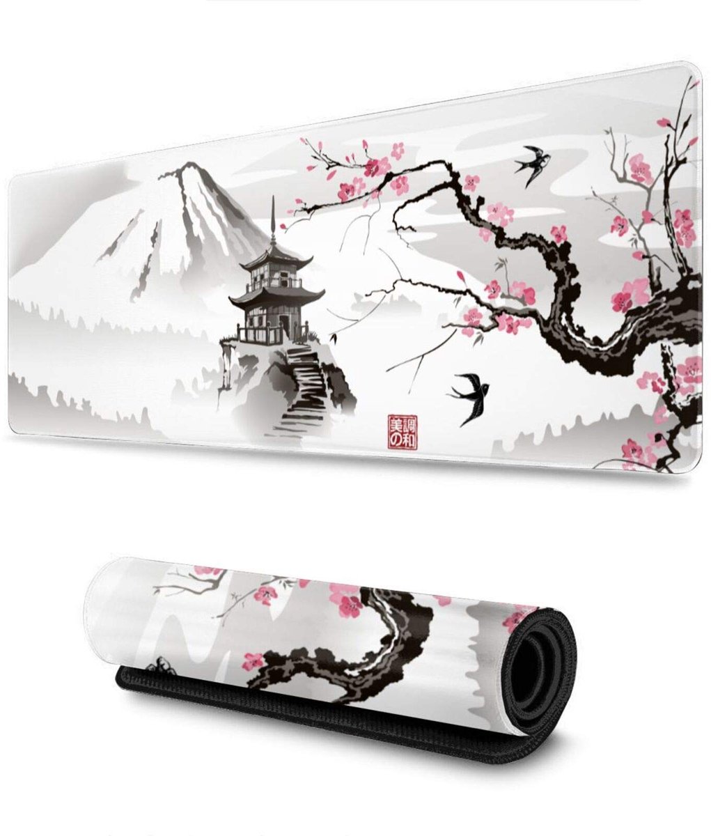 Azomor® Extra grote gaming muismat met Japanse pagode en kersenbloesem ontwerp