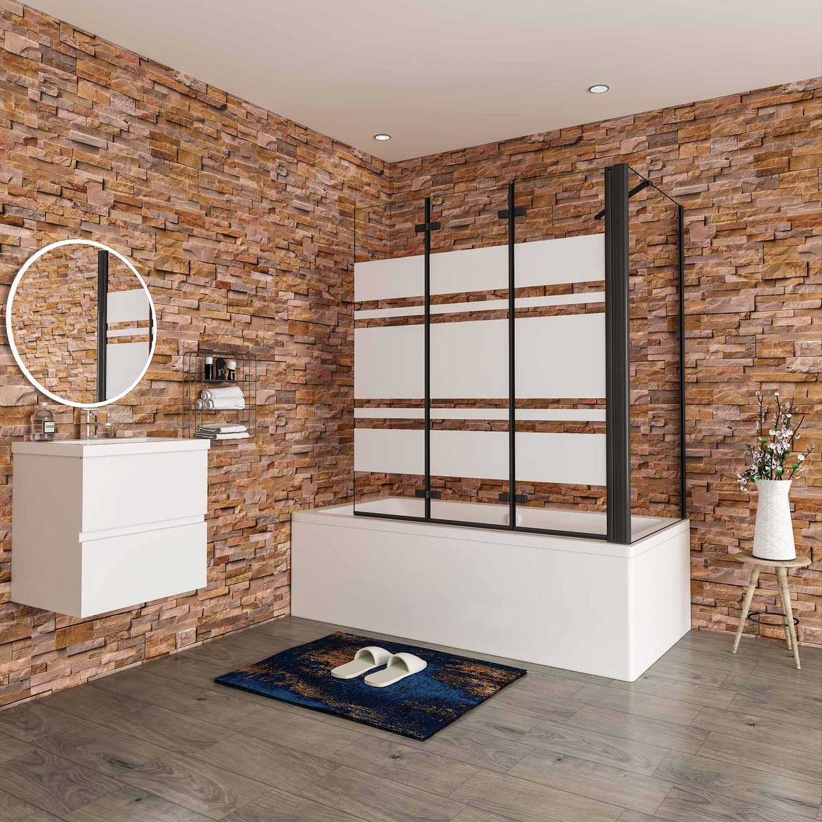 Aica Scandinavische Badwand 130x80x140cm,3-Delig Inklapbaar,6mm Wit Gesatineerd Easy Clean Gehard Glas,Mat zwart,Eenvoudige Montage