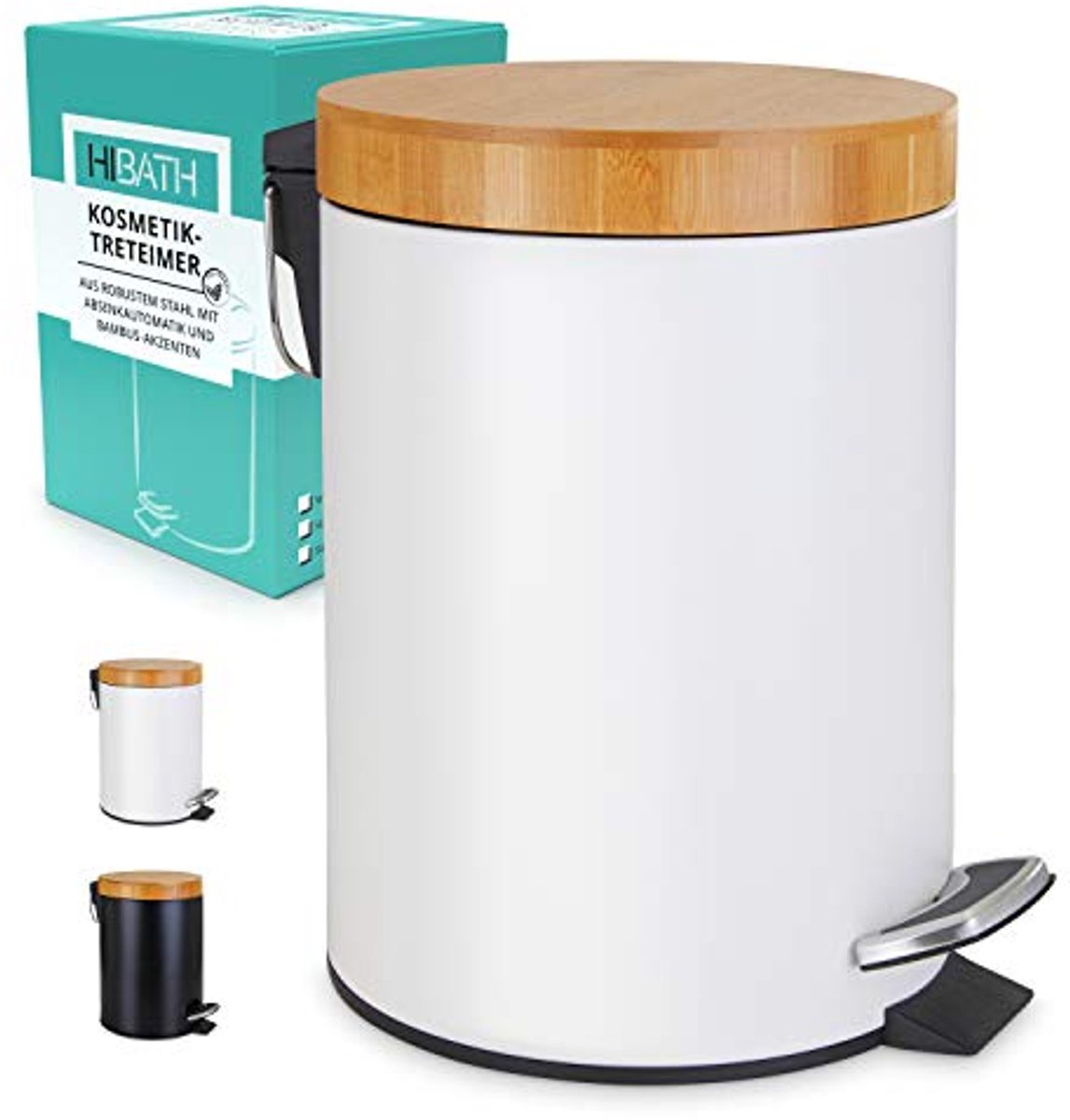 Stijlvolle roestvrijstalen cosmetica-emmer met bamboedeksel (5 liter) - Badkamer afvalemmer met softclose