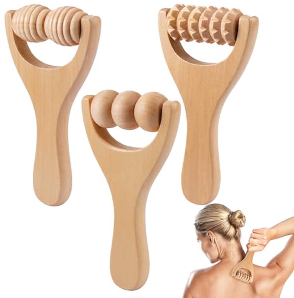 Massageroller set van 3 voor rugspieren - Handmatige houttherapie voor dieptemassage en spierspanning verlichting