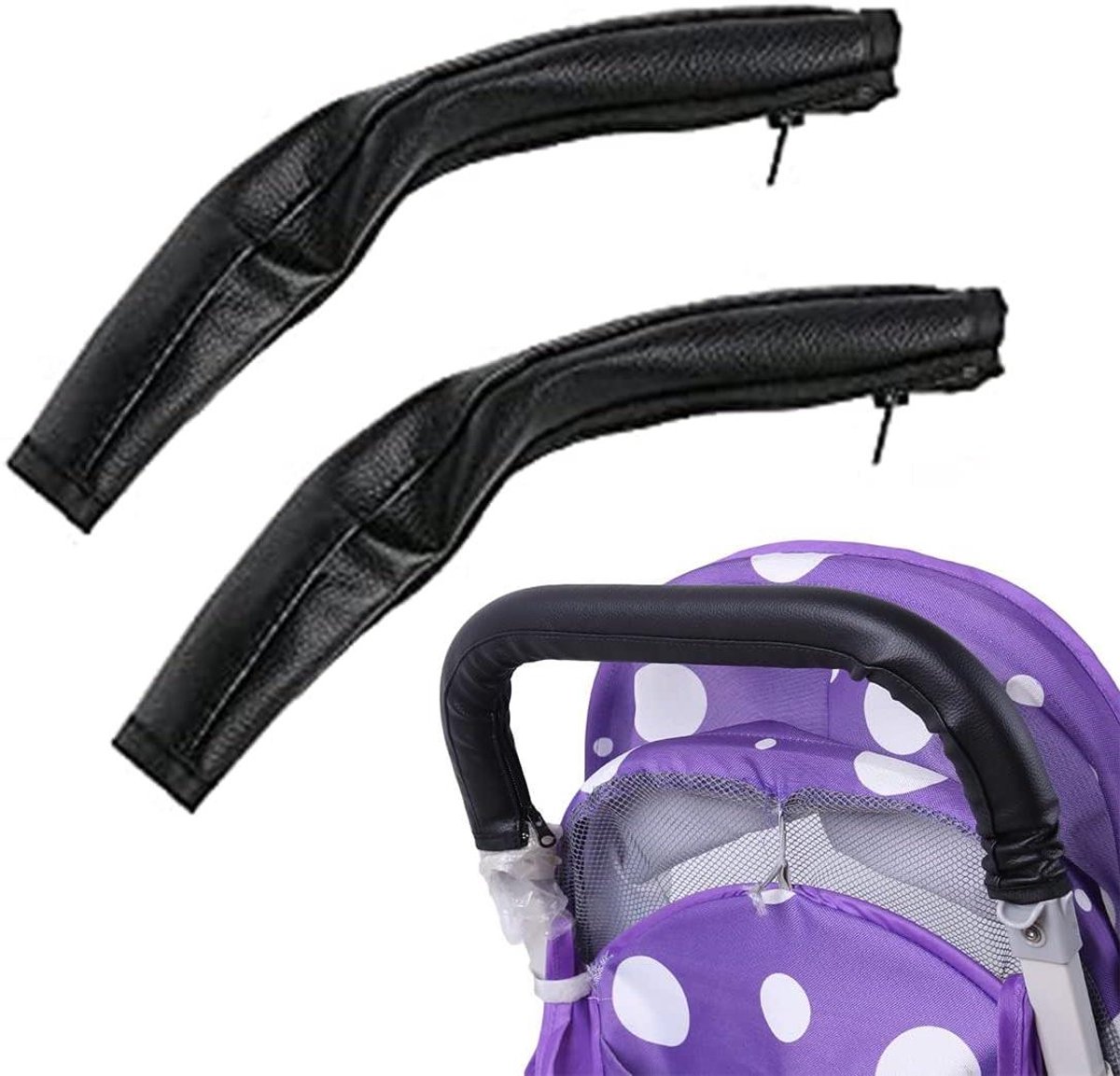 Image of 2 stuks universele hoes voor baby- en kinderwagen met ritssluiting en PU-leer in zwart kleur. Beschermt tegen stof en heeft handige handgreep. Gemakkelijk te bevestigen.