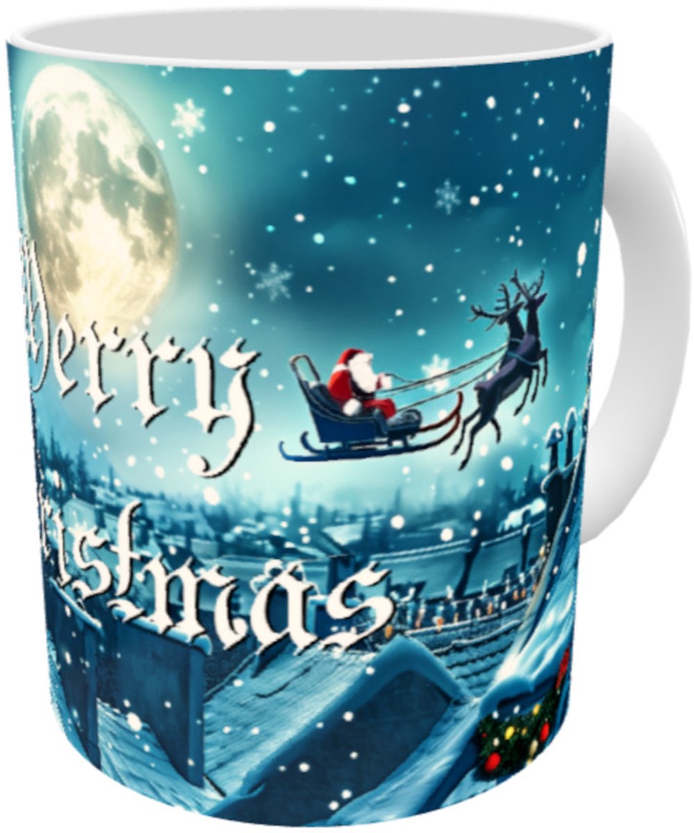 Merry Christmas Santa Flying Over in the Sky with his Sleigh with Reindeers above House Roofs - Kerstman Vliegt met zijn Slee over de Daken van de Huizen met zijn trouwe Rendieren Romantische Kerstmis Mok 330 ml