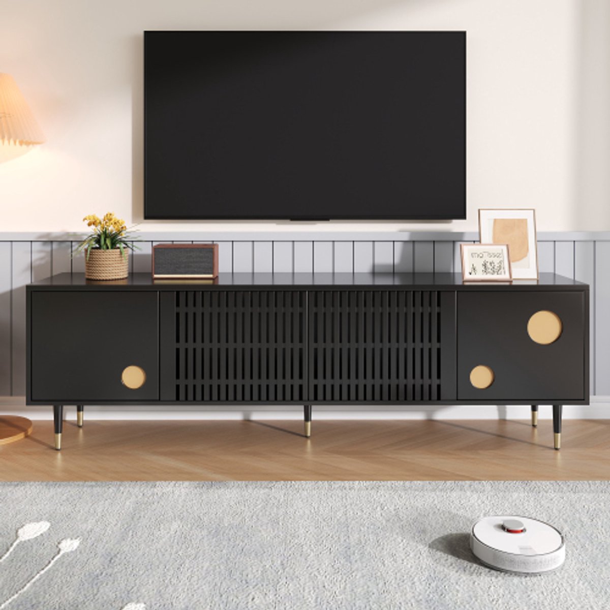 Modern TV-meubel 170x36x54 cm – 2 massiefhouten deuren, verborgen handgrepen, gouden details – Stijlvol woonkamermeubel met rasterdesign