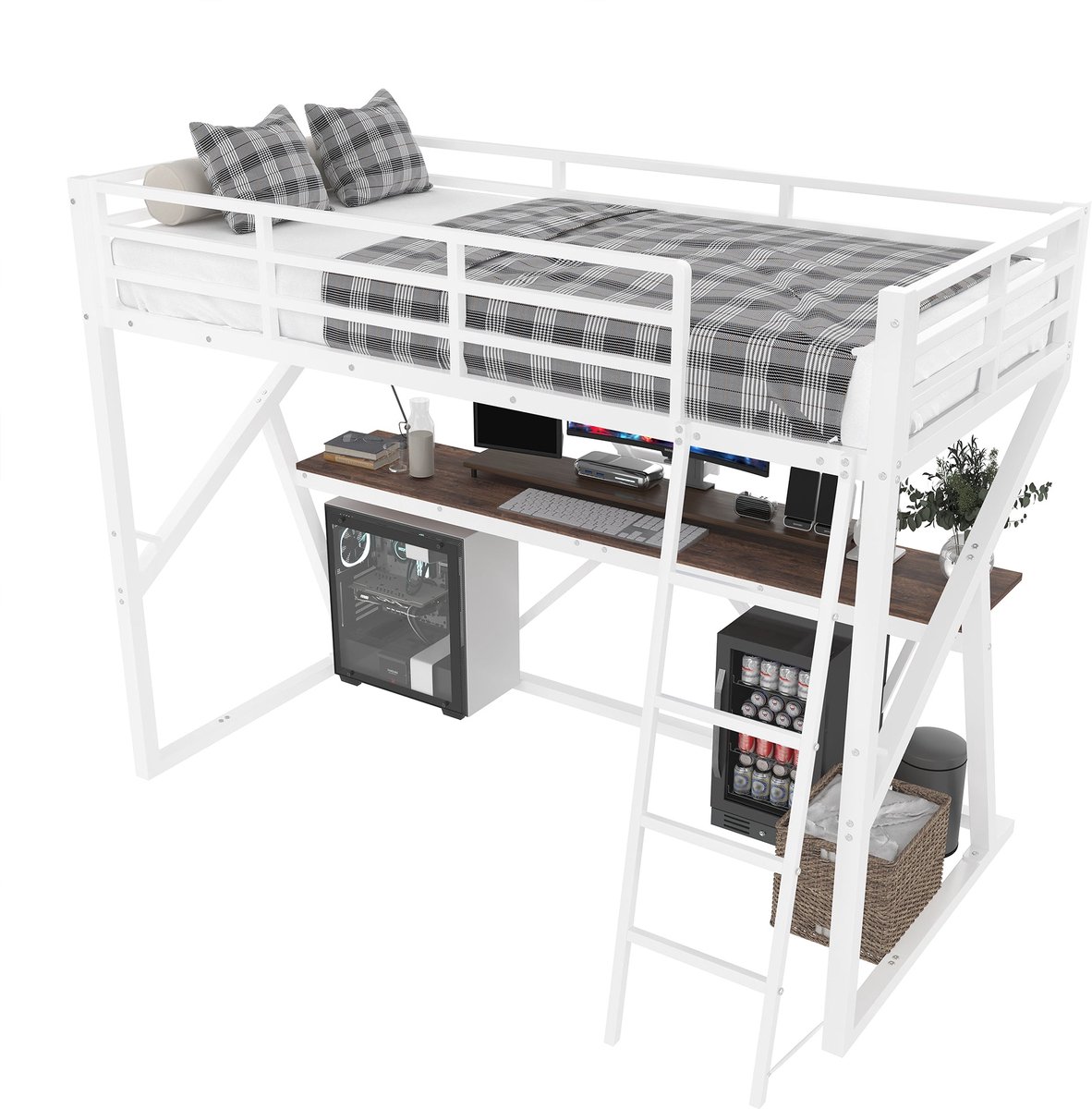 Merax Hoogslaper 90x200 cm – Kinderbed met Bureau - Metalen Bedframe - LED-verlichting - Trap en Veiligheidsrail - Wit - Zonder Matras