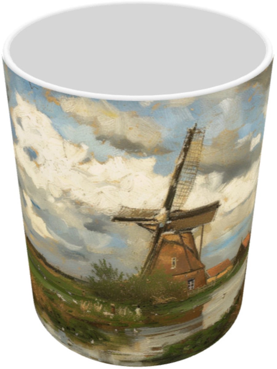 Molen in Oud Hollands Polder Landschap met Nederlandse Luchten & Wolken - Impressionistisch Haagse School Panorama Schilderij Mok - Holland van Vroeger - 330 ml