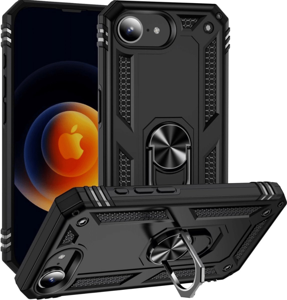 Cityhoesje - Backcover iPhone 16e-17e - Ring Armor Zwart