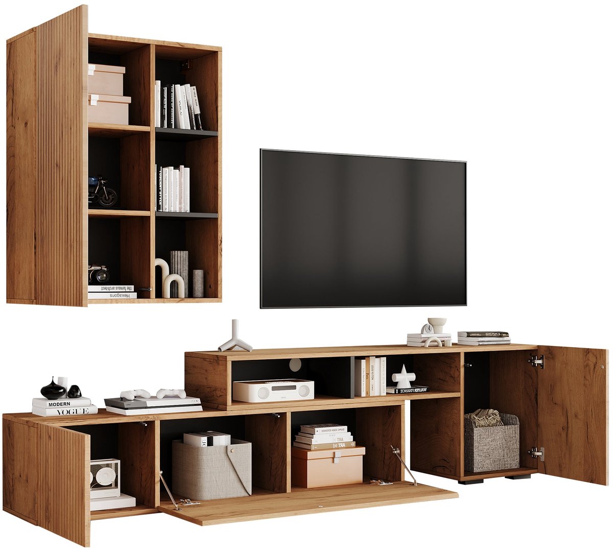 Merax TV-meubelset met Vitrine – Woonwand 2-delig - TV-kast tot 265 cm - Staand of Hangend - Houtkleur & Zwart