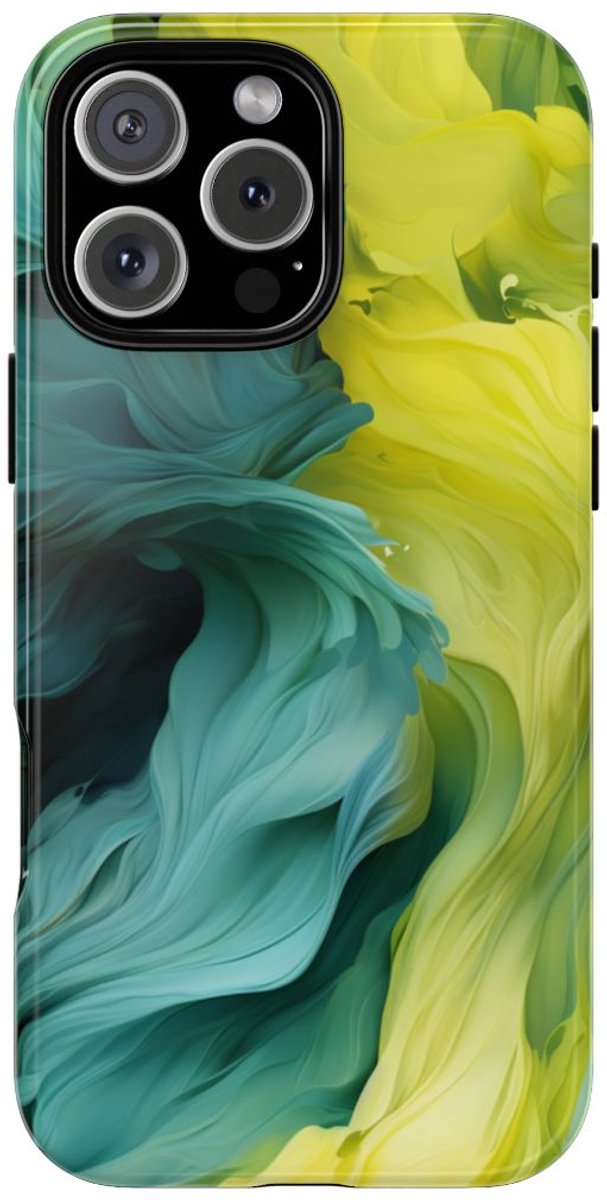 Vloeiend Gele en Groene Abstracte Kunst – Telefoonhoesje Geschikt voor iPhone 16 Pro Max