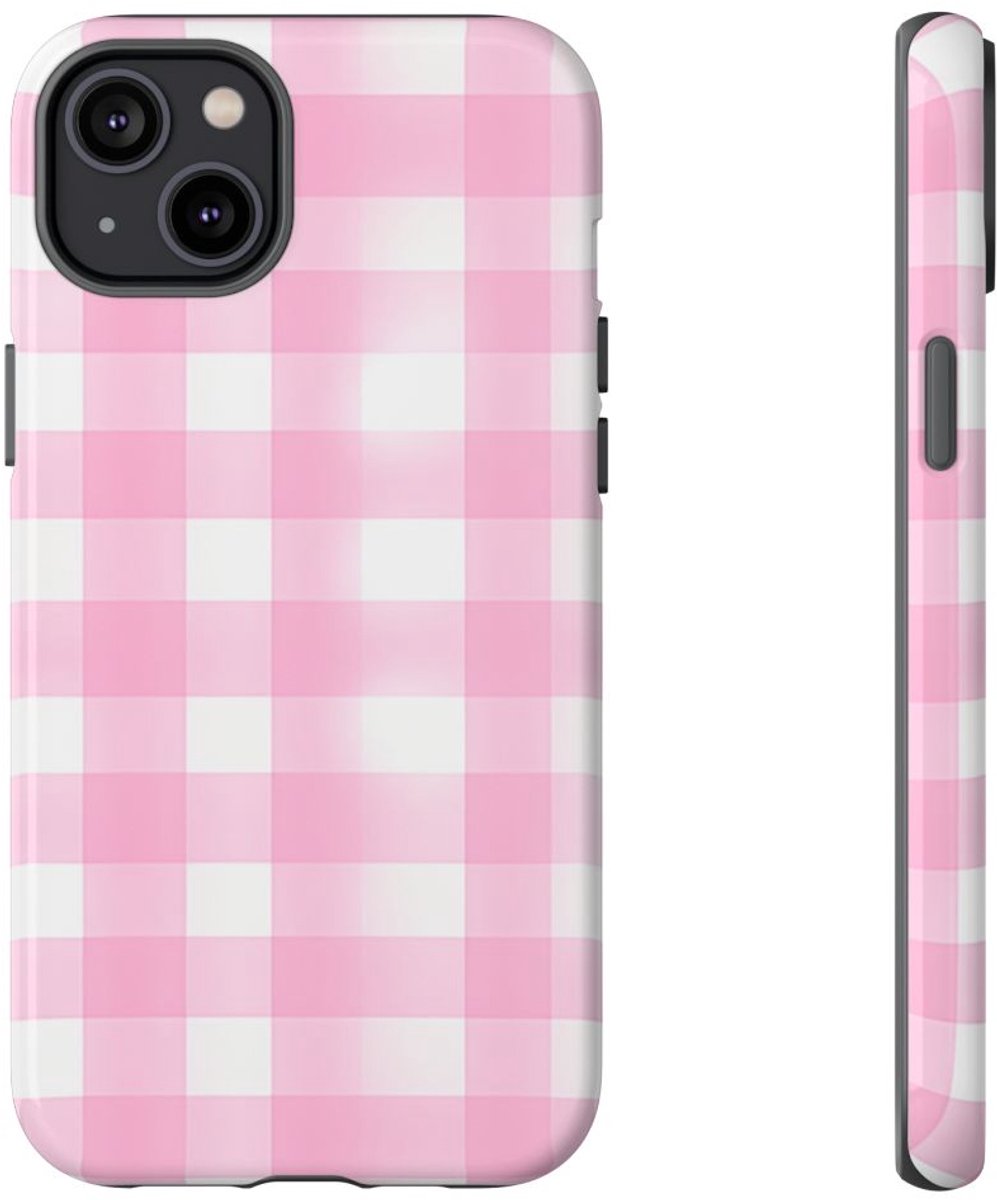 Roze en Wit Geruit Patroon – Telefoonhoesje Geschikt voor iPhone 14 Plus