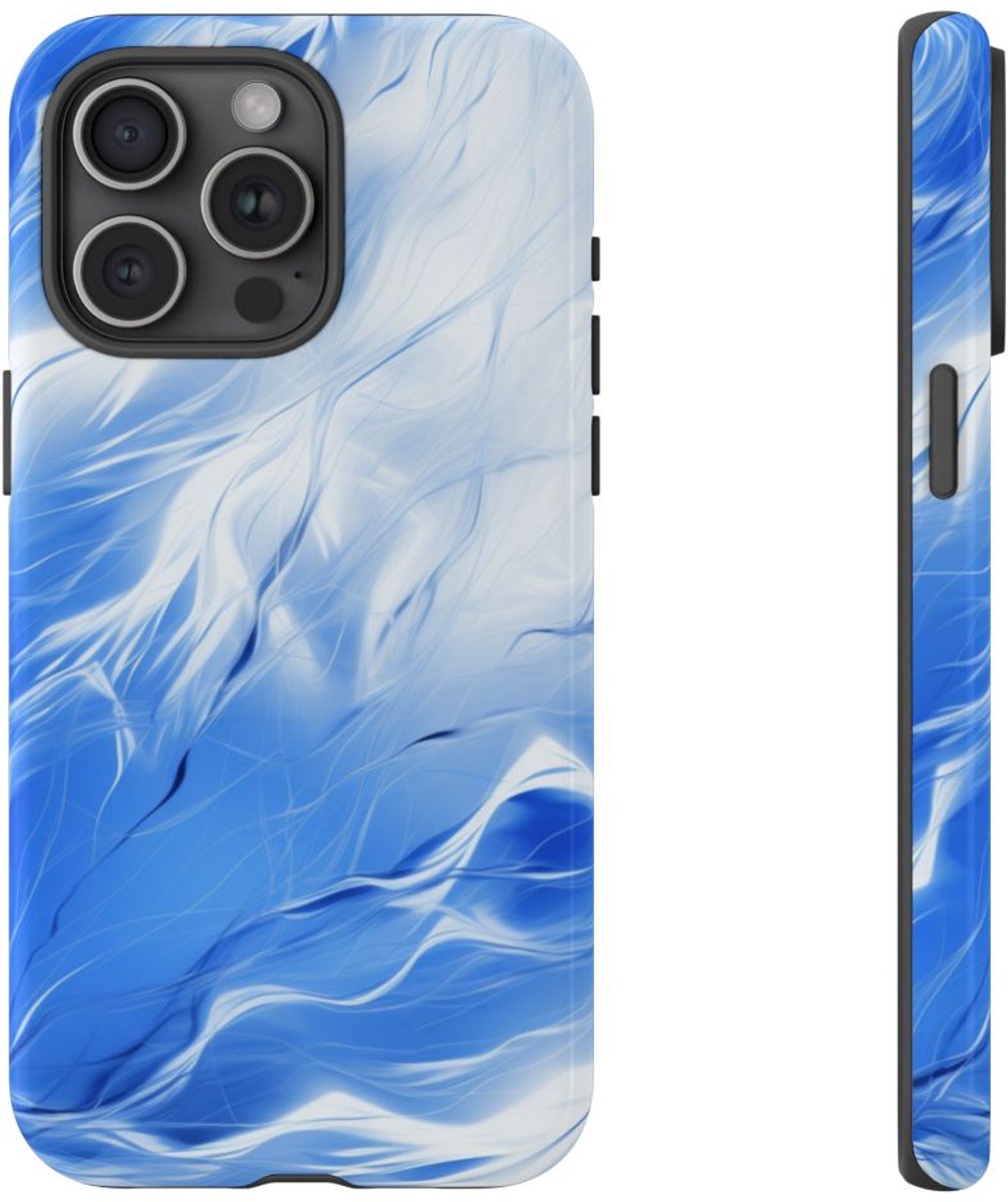 Blauw-Wit Abstract Golvend Patroon – Telefoonhoesje Geschikt voor iPhone 15 Pro Max