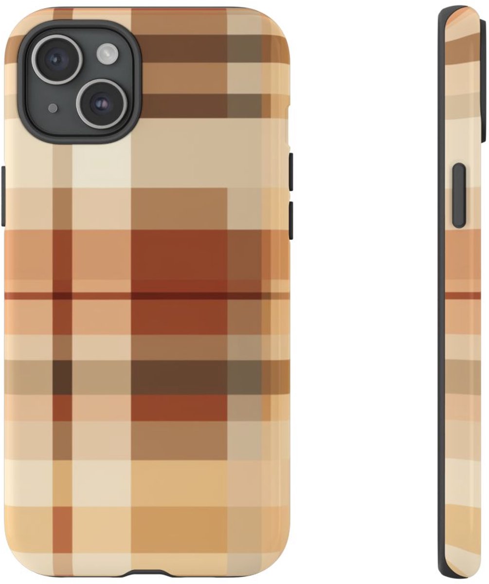 Warm Neutraal Tartan Ruitpatroon – Telefoonhoesje Geschikt voor iPhone 15 Plus