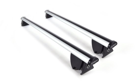 Deux barres de toit en aluminium avec pieds noirs et le logo FARAD.