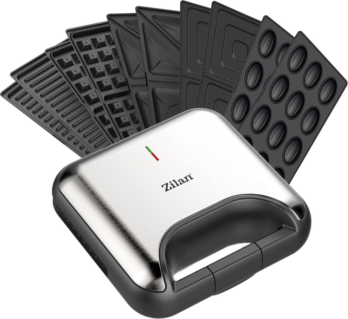 Zilan 5-in-1 Sandwich Maker (800 W) – Grill, Wafel, Panini & Nutty Platen – Non-stick Contactgrill Set – Zwart/Zilver