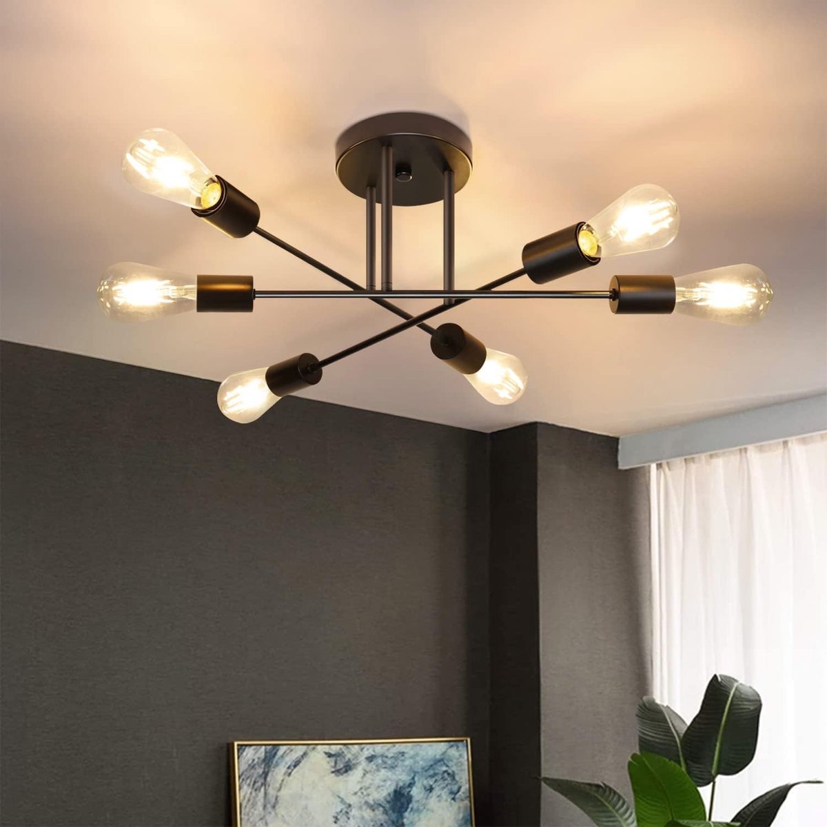 Glitzerlife Vintage Industriële Spotlamp - Plafondlamp - 6-lichts E27 Fitting Verstelbaar - Retro Industrieel Design Zwart - voor Woonkamer Keuken Slaapkamer Hal Exclusief Lichtbron