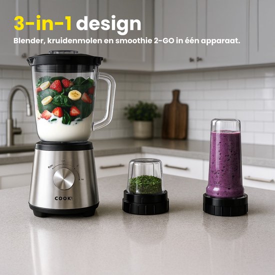 COOK-IT 3-in-1 Blender - 1500W - RVS Design - Glazen Blenderkan 1,75L - Kruidenmolen 200ml - Smoothie Meeneembeker 600ml - 2 Snelheden + Pulsefunctie - Krachtige Multifunctionele Keukenmixer van COOK-IT — afbeelding 2